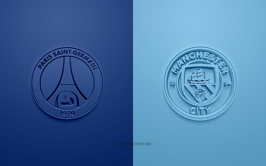 PSG gegen Manchester City FC, 2021, UEFA Champions League, Gruppe A, 3D-Logos, blauer Hintergrund, Champions League, Fußballspiel, Champions League 2021, PSG, Manchester City FC HD-Hintergrundbild