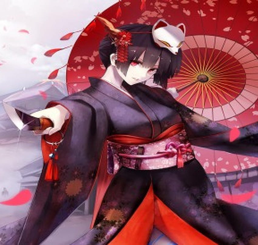 Jin, umbrella, japanese, kimono, sword, japan, girl, oriental, orginal, samurai, red, katana HD wallpaper