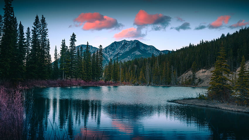 Mount Lorette, pond, mountains, sunset, nature HD wallpaper