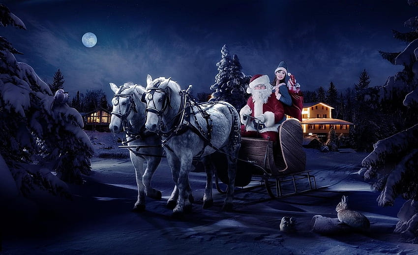 วันหยุด ม้า ซานตาคลอส กลางคืน ต้นสน คริสต์มาส สาว กระเป๋า เลื่อน เลื่อน กระสอบ ของขวัญ ของขวัญ วอลล์เปเปอร์ HD