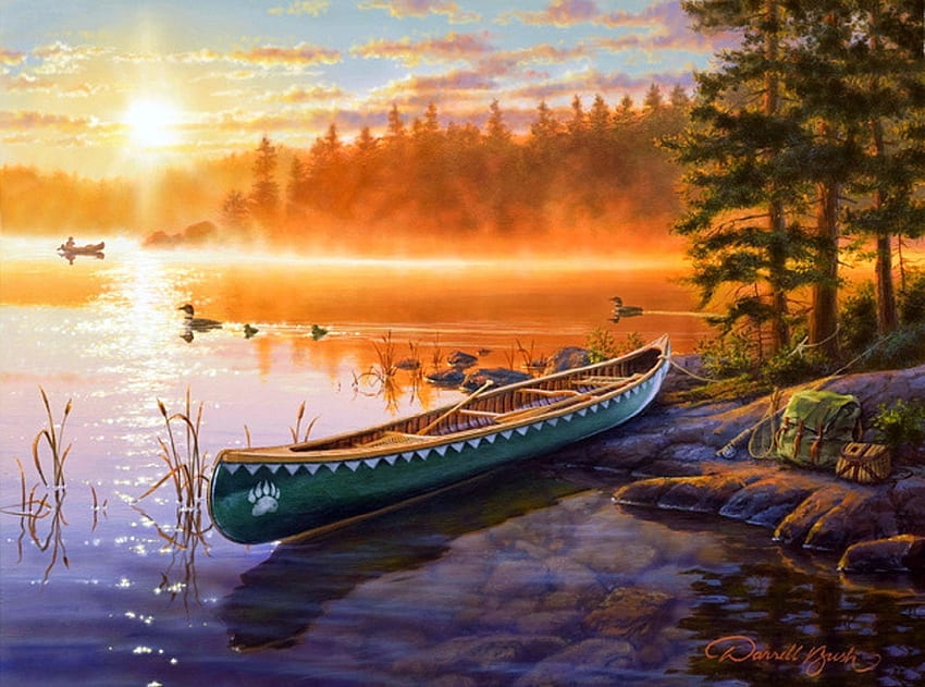 Fire Lake, canoe, sunsets, attractions in dreams, colors, forests, paintings, love four seasons, lakes, autumn, nature, fall season HD wallpaper