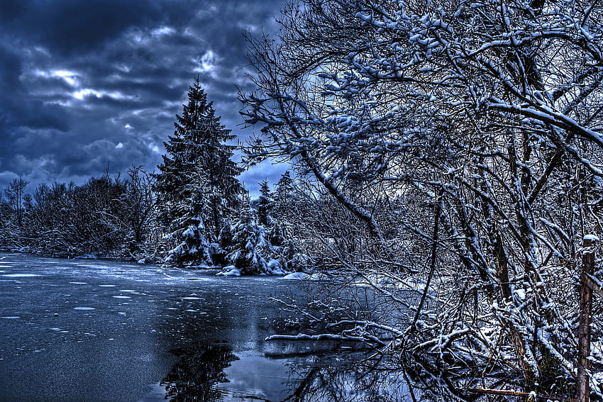 Musim Dingin, Alam, Sungai, Pohon, Es, Salju, Danau, r Wallpaper HD