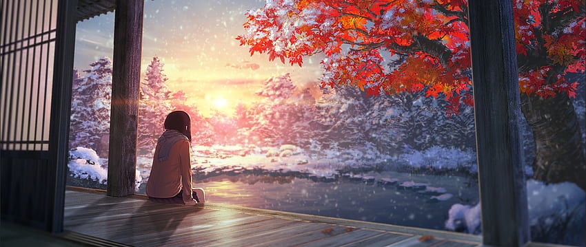 ultra wide, Japan, Anime girls, Artwork, Snow, Sunlight, Japan Morning HD wallpaper