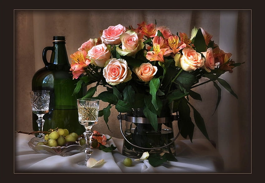 Still life, lovely colors, color, fruits, arrangement, abstract, glasses, beautiful roses, nature, flowers HD wallpaper