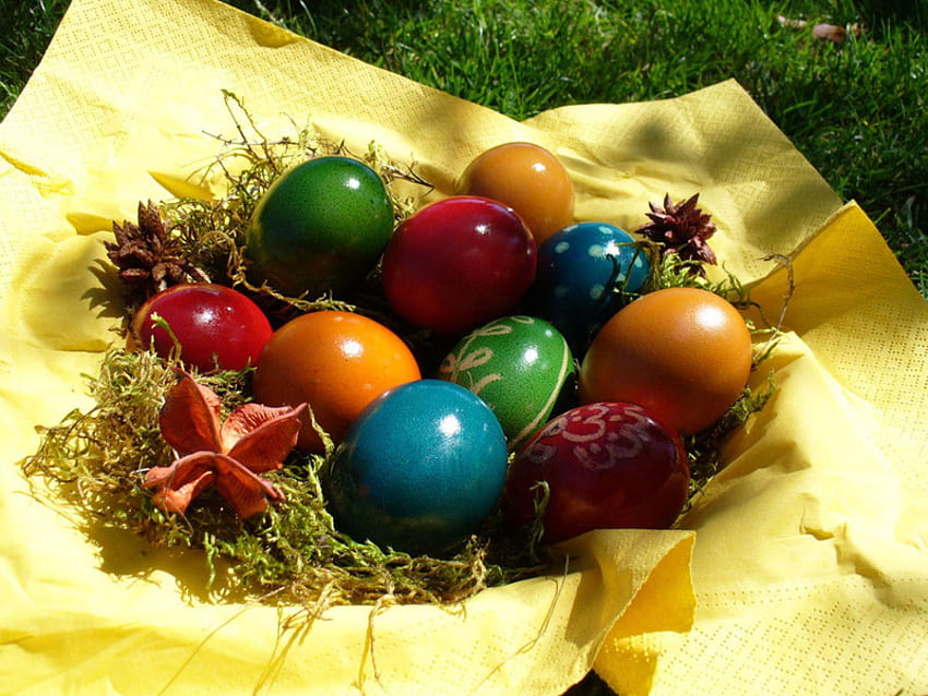Easter basket for Jasnas, basket, painted, easter, colourful, eggs HD wallpaper