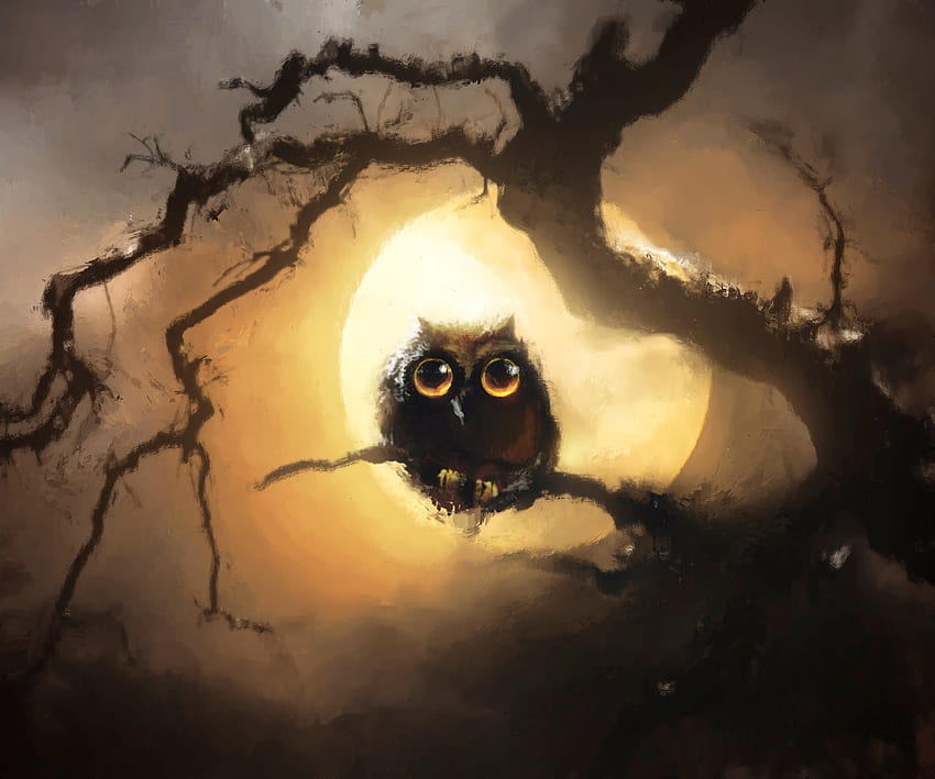 Cute, black owl, night, full moon, art HD wallpaper