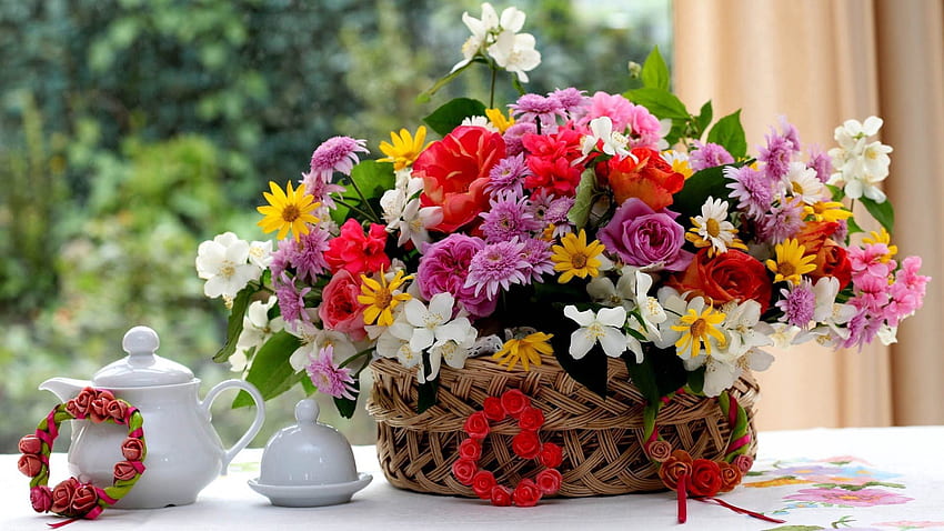 Flowers, Bouquet, Kettle, Teapot HD wallpaper