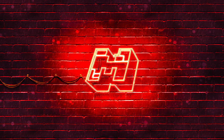 Minecraft kırmızı logosu, , kırmızı brickwall, Minecraft logosu, 2020 oyunları, Minecraft neon logosu, Çözünürlüklü Minecraft için. Yüksek kalite HD duvar kağıdı