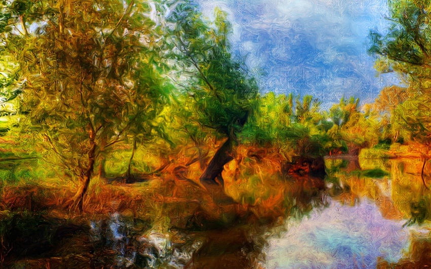 Painting, river, trees, autumn, natura, , tree HD wallpaper