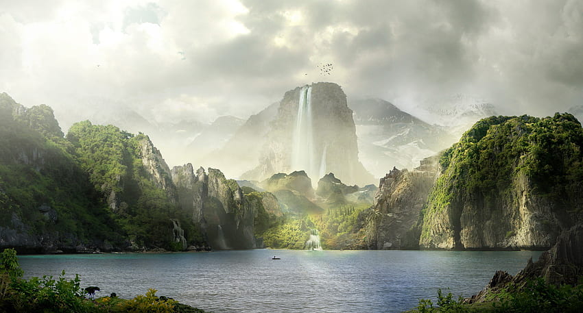The Lost Jungle, abstract, fantasy, , waterfalls, mountains, forest, lake HD wallpaper