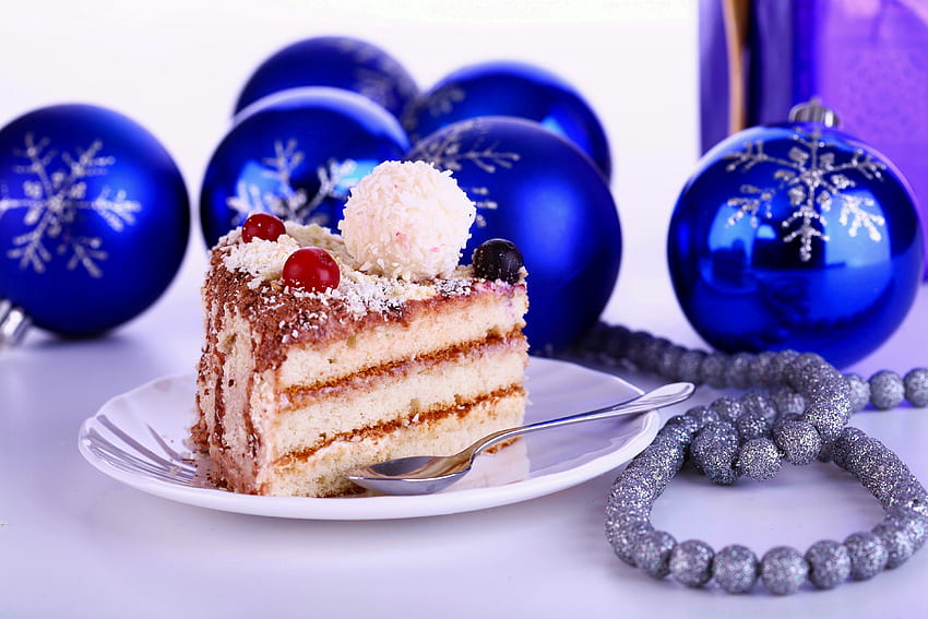 •✿• Un Noël complet •✿•, hiver, joyeux noël, perles, ornements, délicieux, boules, gâteau, complet, flocons de neige, amour, bleu profond, décorations, argent, nature, pour toujours Fond d'écran HD