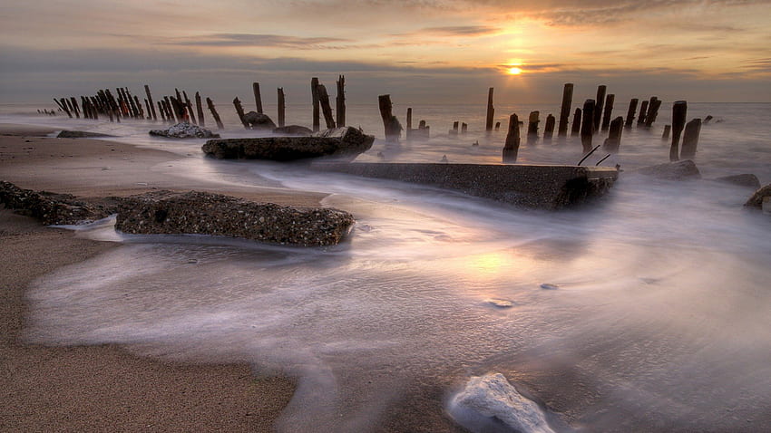 broken pier on a beach at sunset, sea, broken, pier, sunset, beach HD wallpaper