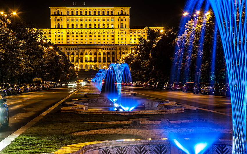 Romania Fountains Bucharest night time Cities Houses HD wallpaper