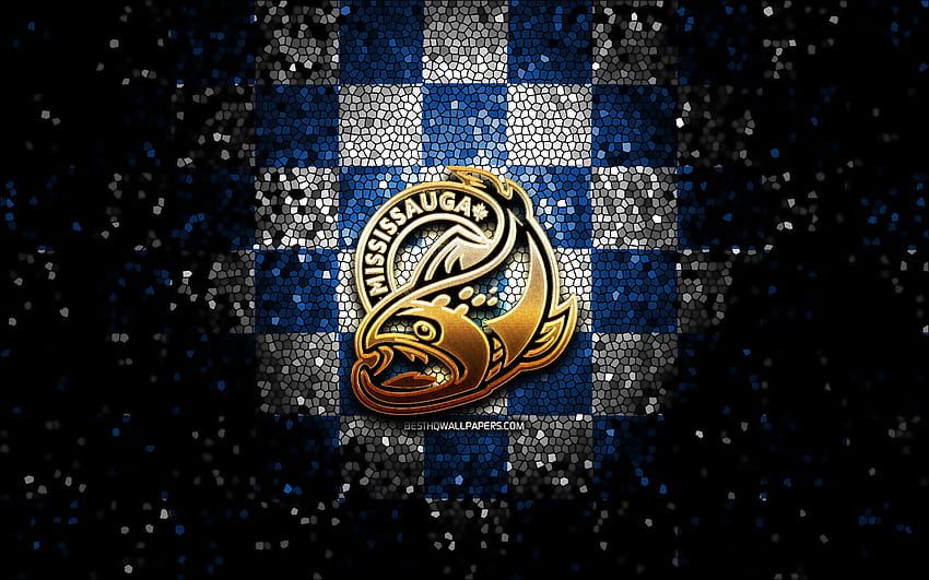 Mississauga Steelheads, glitter logo, OHL, blue white checkered background, hockey, canadian hockey team, Mississauga Steelheads logo, mosaic art, Canada HD wallpaper