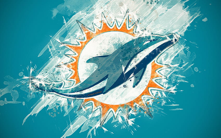 Miami Dolphins,, logo, seni grunge, tim sepak bola Amerika, lambang, latar belakang biru, seni lukis, NFL, Miami, Florida, AS, National Football League, seni kreatif untuk dengan resolusi. Kualitas tinggi Wallpaper HD