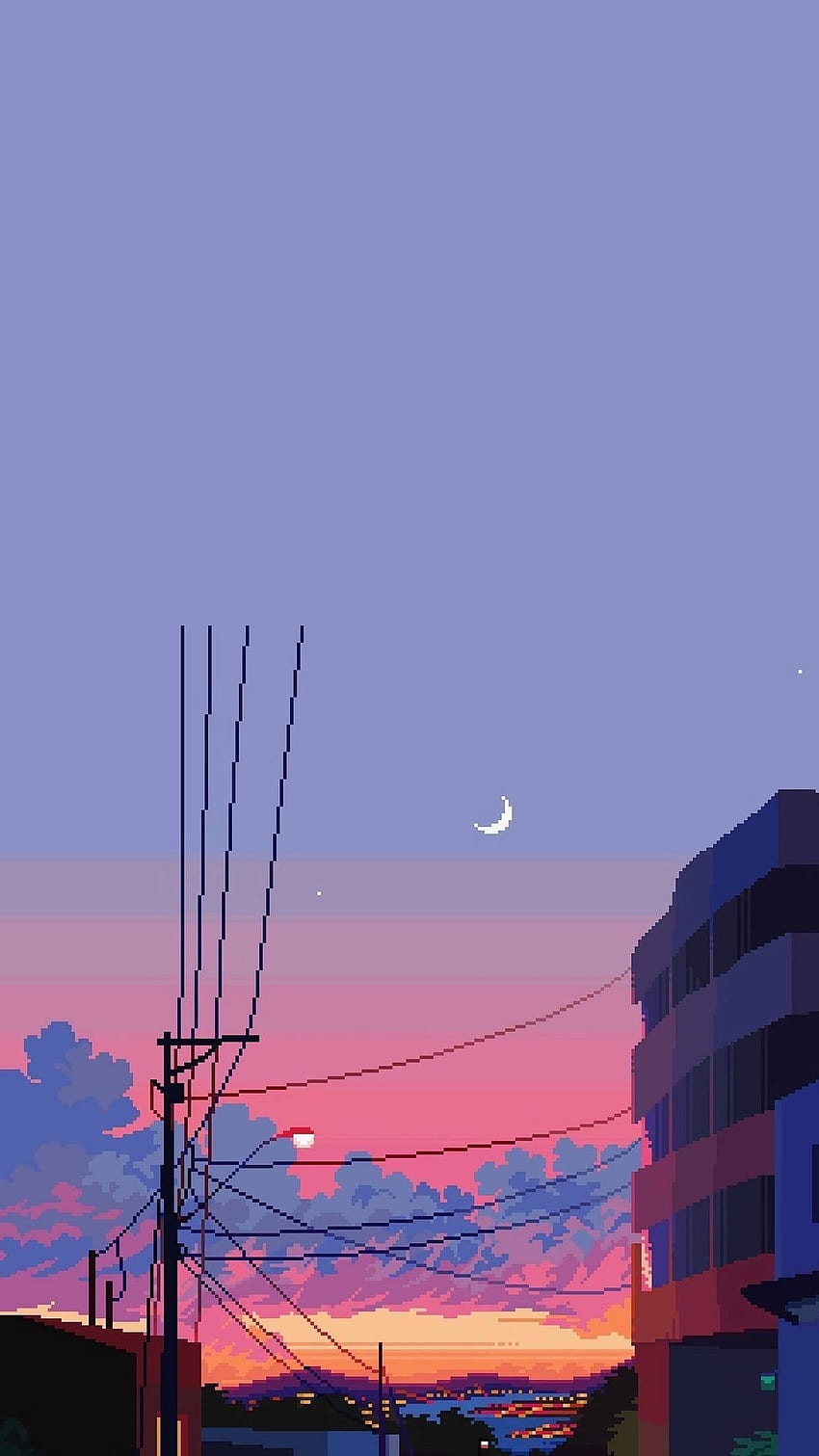 Stadt, Sonnenuntergang, Kunst, Mond, Haus, Pixel HD-Handy-Hintergrundbild