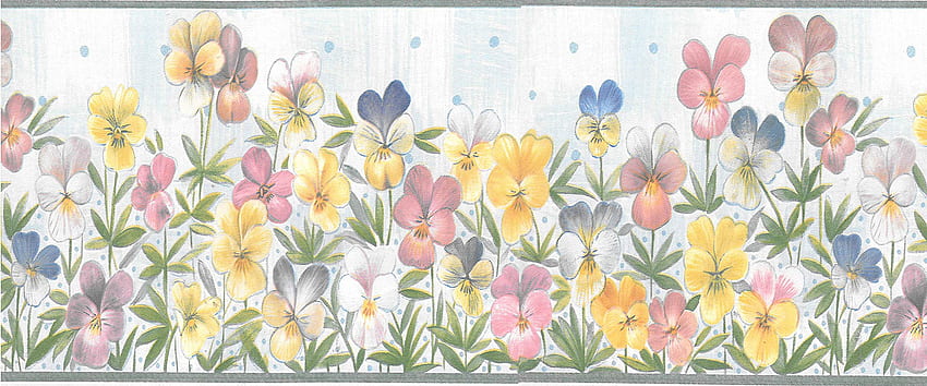 Dundee Deco BD6015 Wstępnie naklejona ramka — kwiatowy zielony, żółty, różowy, niebieski Kwiaty ogrodowe Obramowanie ścienne w stylu retro, 15 stóp x 4,1 cala (4,57 m x 10,41 cm), obramowania Tapeta HD