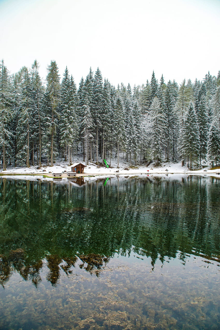 Пейзаж, природа, сняг, езеро, уединение, уединение, гора, малка къща, хижа HD тапет за телефон
