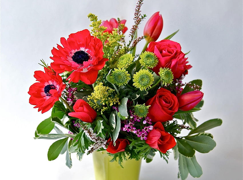Flowers, Roses, Tulips, Chrysanthemum, Bouquet, Vase HD wallpaper