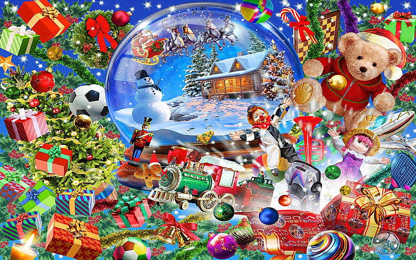 Christmas Time, cottage, bear, snow, snowman, ball, colors HD wallpaper