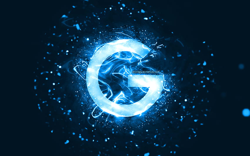 Google blue logo, , blue neon lights, creative, blue abstract background, Google logo, brands, Google HD wallpaper