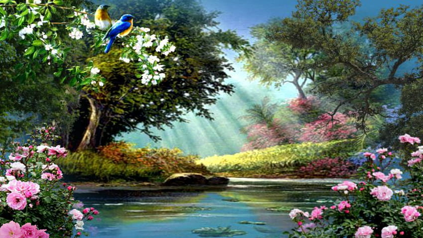 Paradise, river, painting, bird, nature HD wallpaper