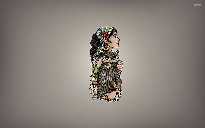 Girl with a scarf holding the owl - Vector HD wallpaper