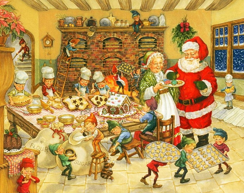 ซานต้าเบเกอรี่ งานศิลปะ วาด คุณยาย ผู้ช่วย เค้ก ซานต้า วอลล์เปเปอร์ HD