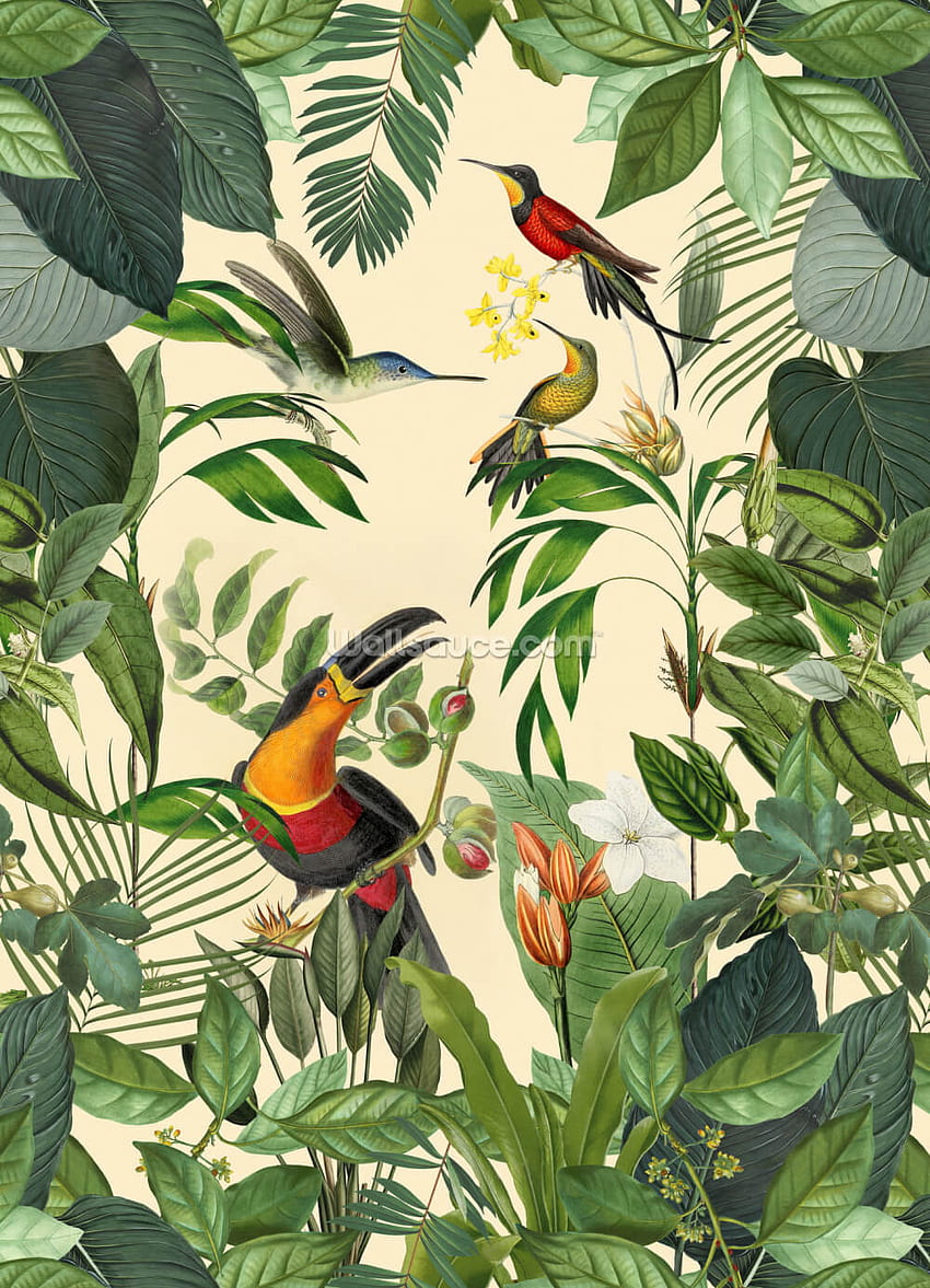 Estampas de pássaros tropicais em uma selva de metal, arte de pássaros tropicais Papel de parede de celular HD