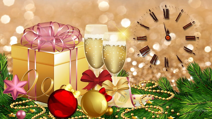 Festeggia con stile, champagne, feliz navidad, perline, capodanno, palline, regalo, ora, 2013, natale, decorazioni, orologio Sfondo HD