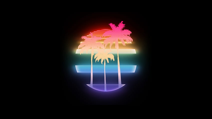илюстрация, дигитално изкуство, видеоигри, залез, неон, минимализъм, текст, лого, палми, кръг, ретро стил, нова ретро вълна, VHS, реколта, 1980-те, vaporwave, Grand Theft Auto Vice City, Miami Vice, екранна , компютър HD тапет