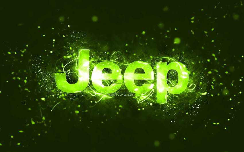 Jeep lime logo, , lime neon lights, creative, lime abstract background, Jeep logo, cars brands, Jeep HD wallpaper