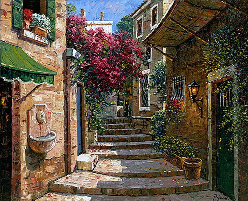 Mediterranean Village, artwork, stairs, door, painting, lamp, flowers, houses HD wallpaper