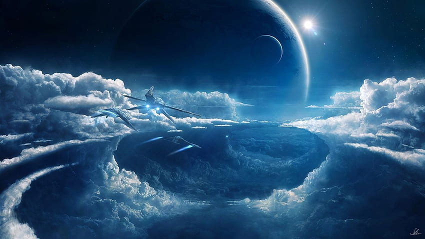 Научна фантастика наука футуристичен космически кораб космически кораб небе облаци полет, футуристична планета HD тапет