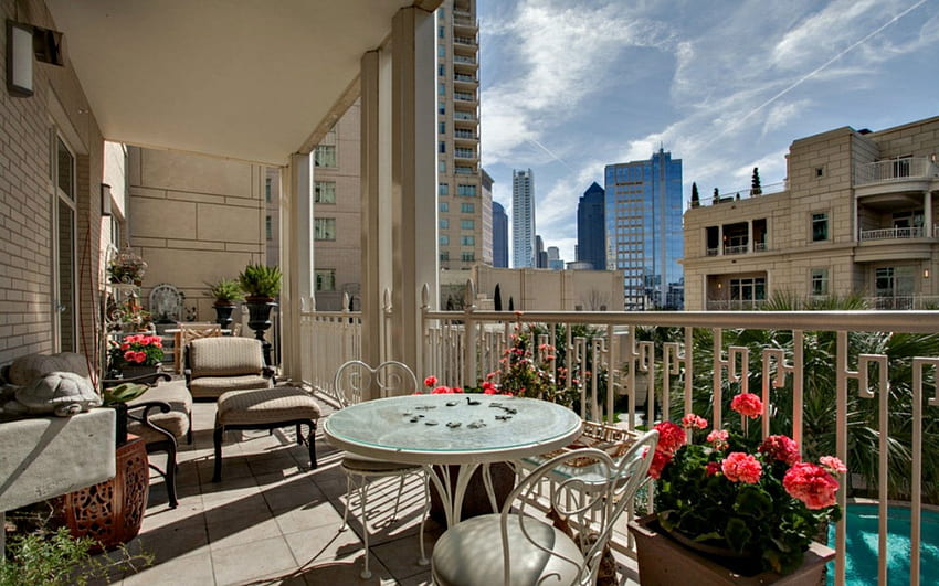 Изглед в балкон, маса, сграда, пейзаж, балкон HD тапет