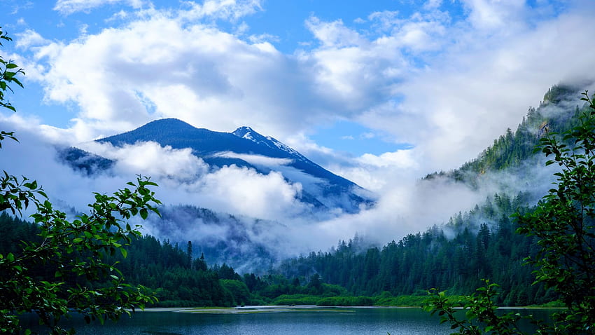Diablo Gölü, North Cascades, Sisli bir sabah Washington, manzara, bulutlar, gökyüzü, puslu, dağlar, ABD HD duvar kağıdı