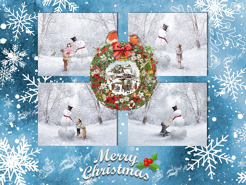 Fun With Frosty The Snowman, winter, snowman, scene, snow, christmas, robin, collage, wreath, holidays HD wallpaper