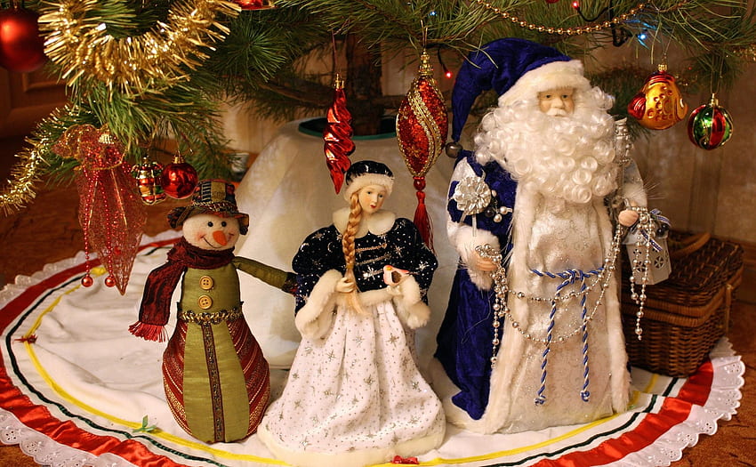 Feiertage, Neujahr, Jack Frost, Schneemann, Weihnachtsschmuck, Weihnachtsbaumspielzeug, Weihnachtsbaum, Schneewittchen HD-Hintergrundbild