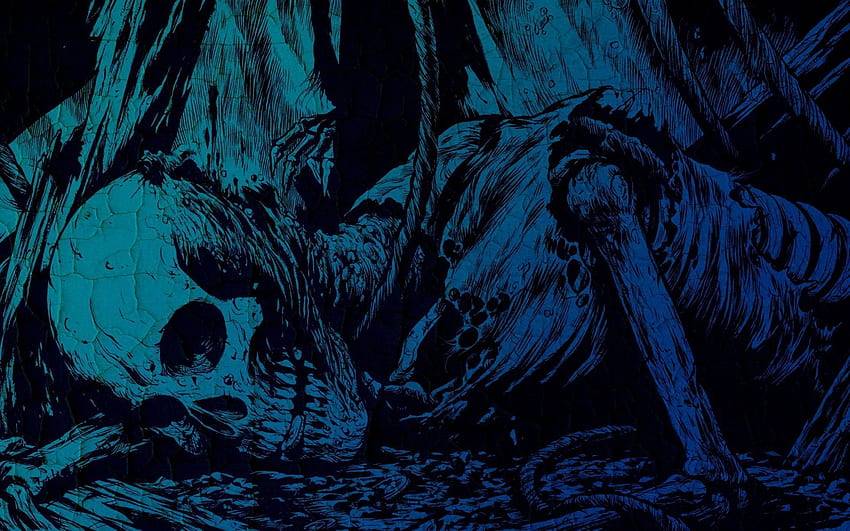 death, skeleton, blue, darkness - background HD wallpaper