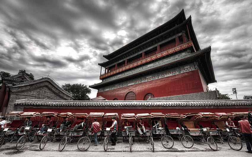 row of rickshaws at the drum tower in beijing r, rickshaws, pagoda, sky, r, oriental HD wallpaper