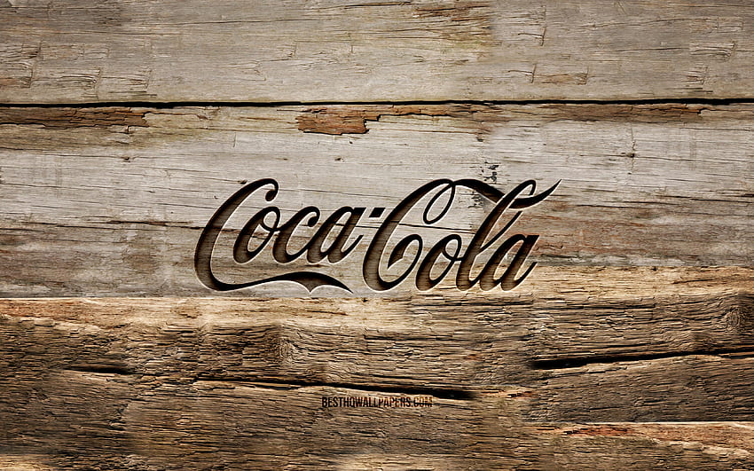 コカ・コーラの木製ロゴ、木製の背景、ブランド、コカ・コーラのロゴ、クリエイティブ、木彫り、コカ・コーラ 高画質の壁紙