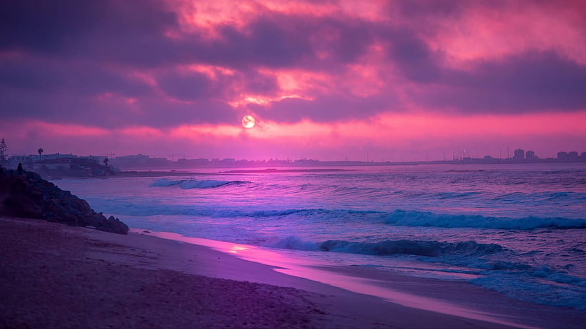 Красив розов плаж, Pink Beach Sunset HD тапет