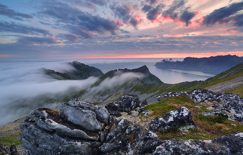 sea, clouds, mountains, rocks, island, Norway, Senja HD wallpaper