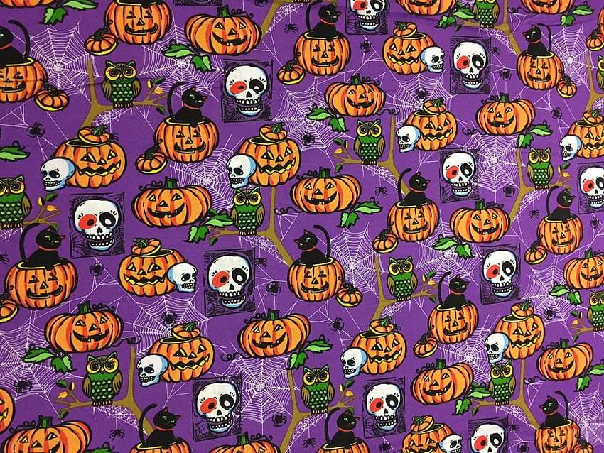 Halloween Fabric, halloweeen, fabric, purple, pumpkins, texture, skulls HD wallpaper