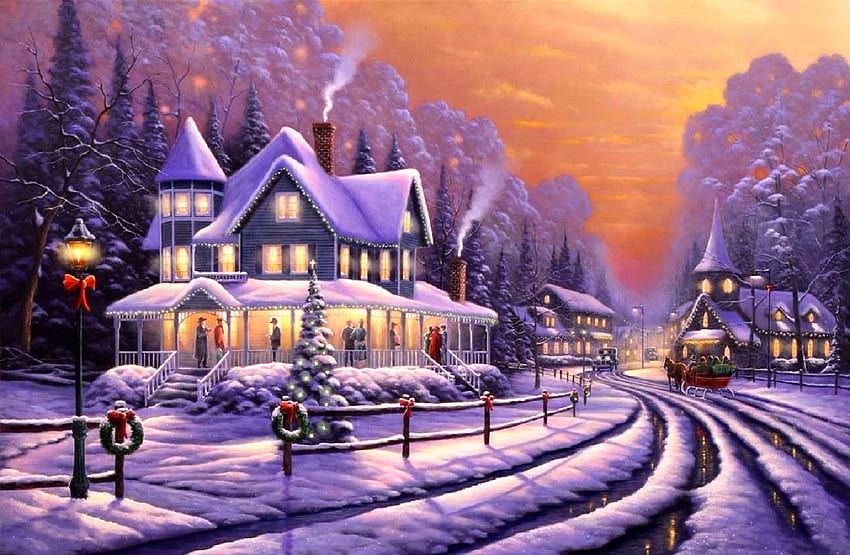 休日社交、冬、休日、冬休み、教会、絵画、四季の愛、クリスマス、村、雪、自然、クリスマスと正月 高画質の壁紙