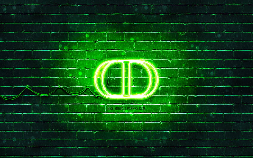 Christian Dior green logo, , green brickwall, Christian Dior logo, fashion brands, Christian Dior neon logo, Christian Dior HD wallpaper