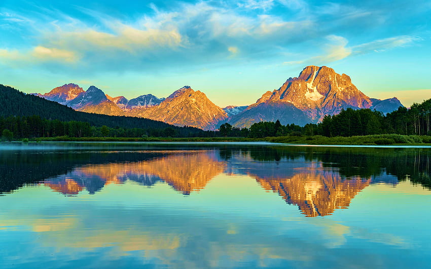 Sunrise in the American West, Wyoming, tetons, clouds, sky, water, mountains, reflections HD wallpaper
