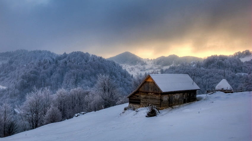 Mountain Cabin, landscape, sky, mountains, snow HD wallpaper