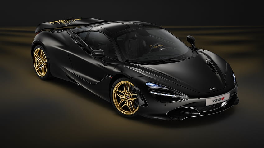 McLaren MSO 720S Coupe, blau, Spoiler, schwarz, aerodynamisch, gold, McLaren, 5120x2880, glänzend, dunkel, Lichter, diagonal, markant, sportlich HD-Hintergrundbild