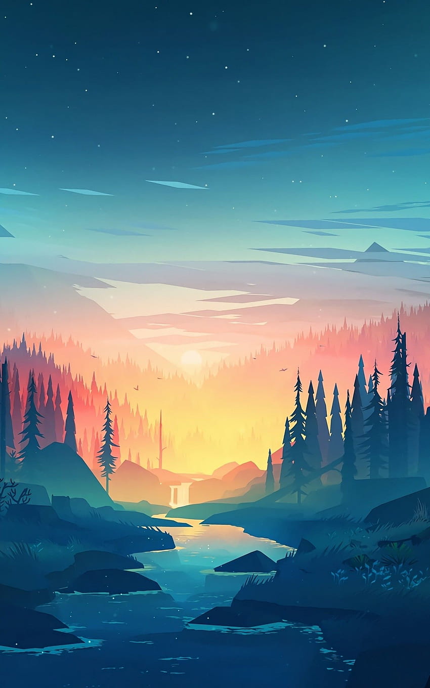 Flat Landscape, Minimalism, Trees, Sunset, River, Artwork for Google Nexus  10, Cool 1600X2560 HD phone wallpaper | Pxfuel